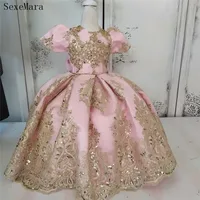 Luxury Pink Baby Girls Dress with gold Lace Cap Sleeve O Neck Long Length Children Cloth Special Occasion for Baby Girls