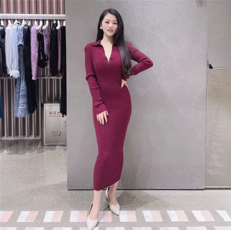 

Casual Long Sleeve Wine Red Knitted Sweater Dresses for Women 2021 Fall Winter Runway Designers Sheath Slim Dress Vestido Midi
