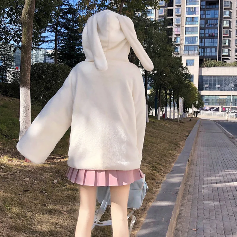 Women Faux Fur Overcoat Sweet Cute Rabbit Ears Horn Button Thicken Warm Teddy Lolita Coat Kawaii Girl Winter Plush Fluffy Jacket