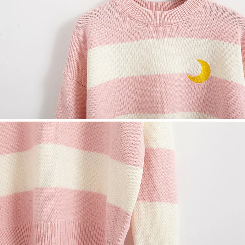 

Striped Knit Embroidery Patchwork Moon Women Sweaters Panelled Long Sleeve Female Sweater Autumn Sweet Loose Ladies Pullovers