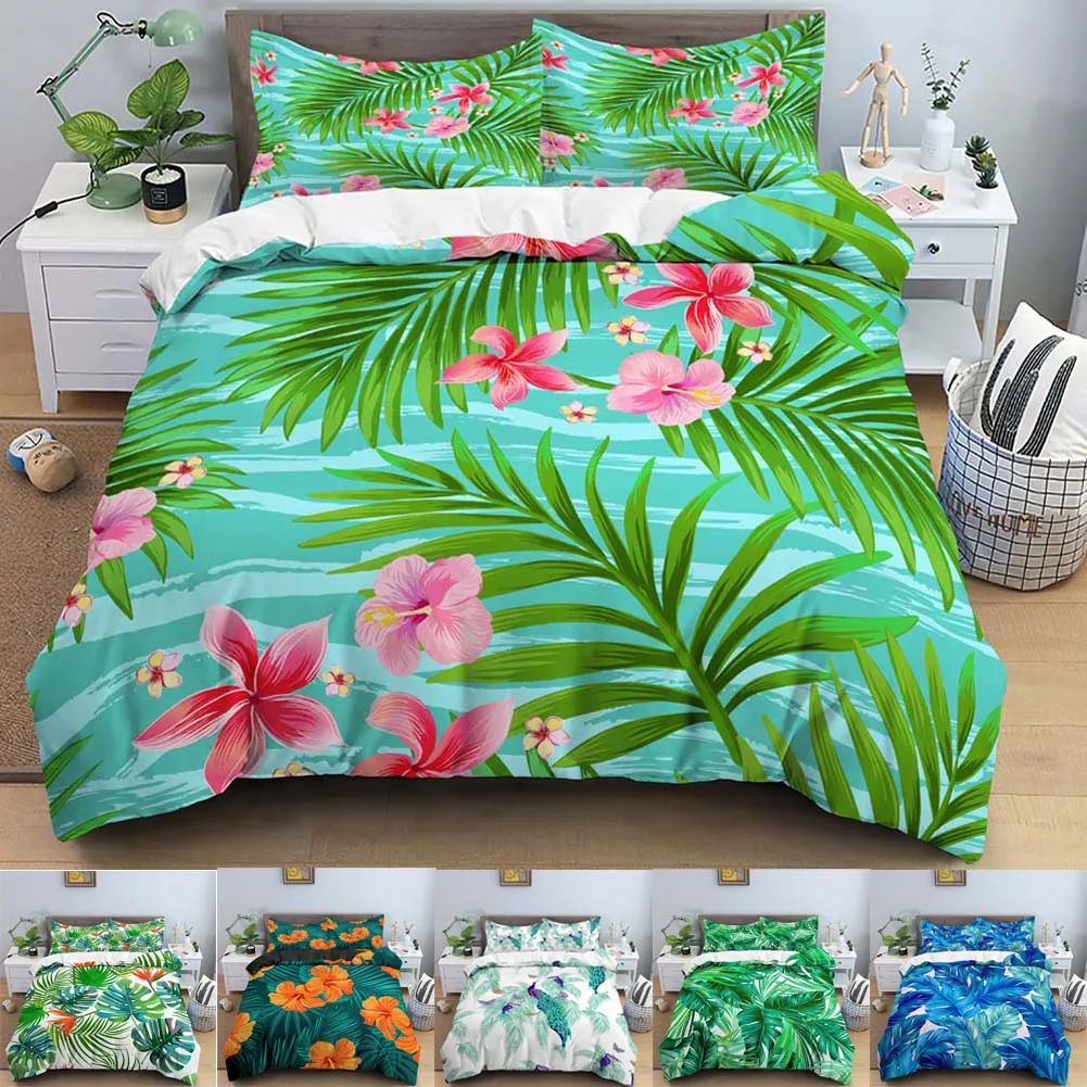 

Комплект постельного белья из 2/3 предметов с пододеяльником и принтом зеленых листьев