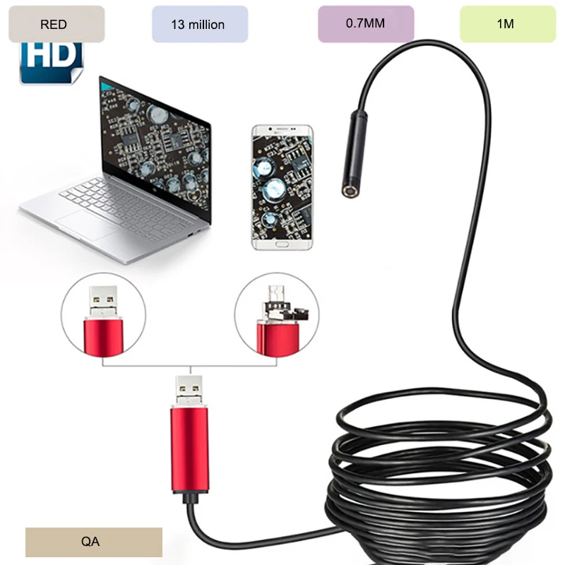 Wifi эндоскоп камера Мини водонепроницаемый мягкий кабель Инспекционная 7 мм 1 м USB