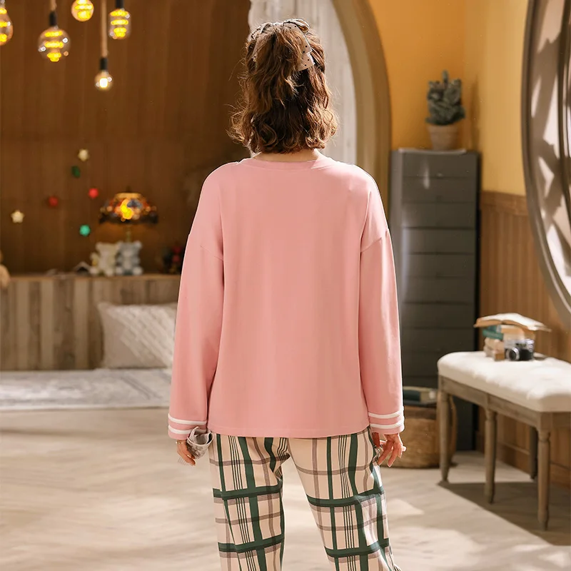 Foply Cartoon 100% Cotton Pajamas Set Women Home HomewearPyjamas Sleepwear Nightwear Pijama Mujer Home Wear Long Pant Nightsuit