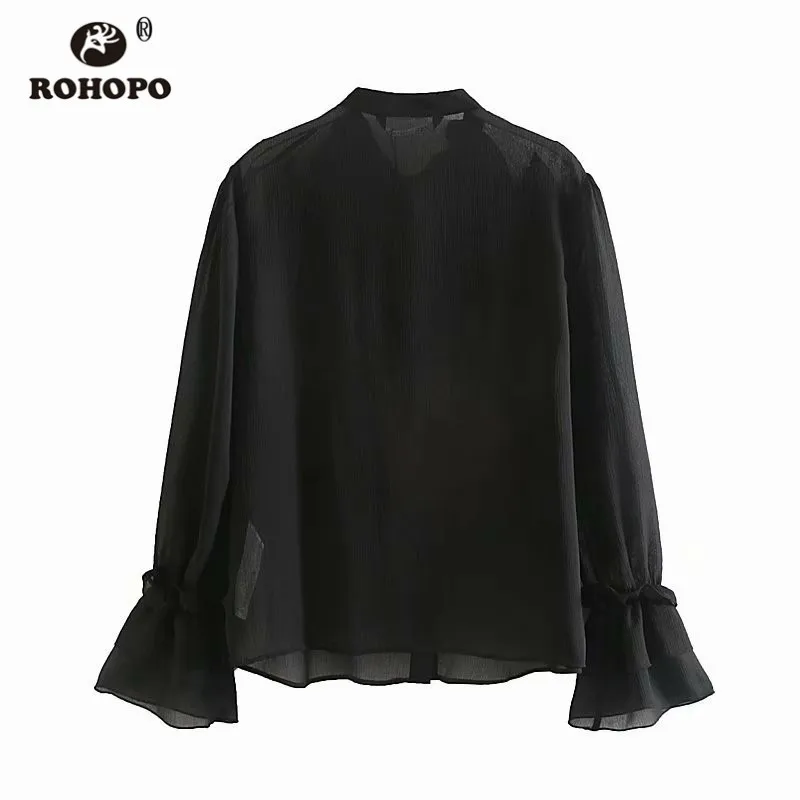 ROHOPO каскадные оборки воротник длинный рукав черный Chffion блузка гофрированные