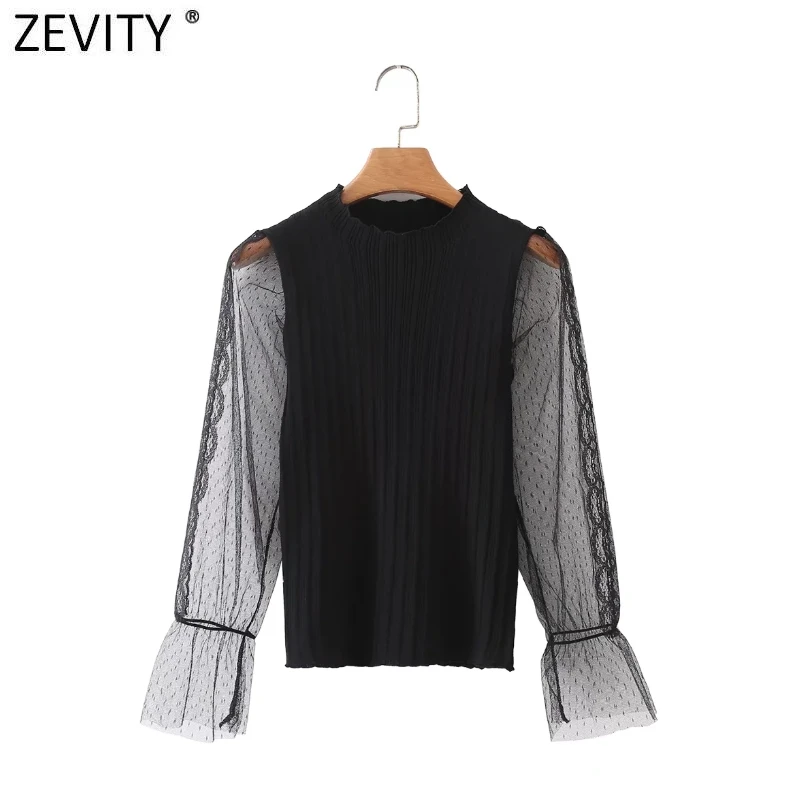 

Zevity New Women Fashion O Neck Mesh Yarn Patchwork Solid Slim Short Knitting Sweater Ladies Chic Thin Pullovers Tops SW1016