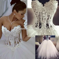 sheer 2015 real image vestidos de noiva sweetheart romantic wedding dresses ball gown pearls lace up tulle bridal gown