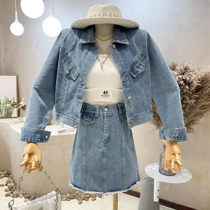 

Женская короткая джинсовая куртка и джинсовая юбка, повседневная винтажная куртка в уличном стиле, весна-осень 2021