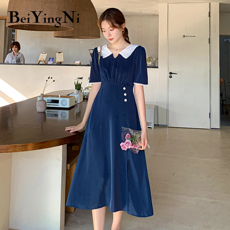 

Beiyingni элегантные вечерние платья для женщин Разделение с воротником в стиле «Питер Пэн» в стиле пэчворк приталенных дамских платьев для Дам...