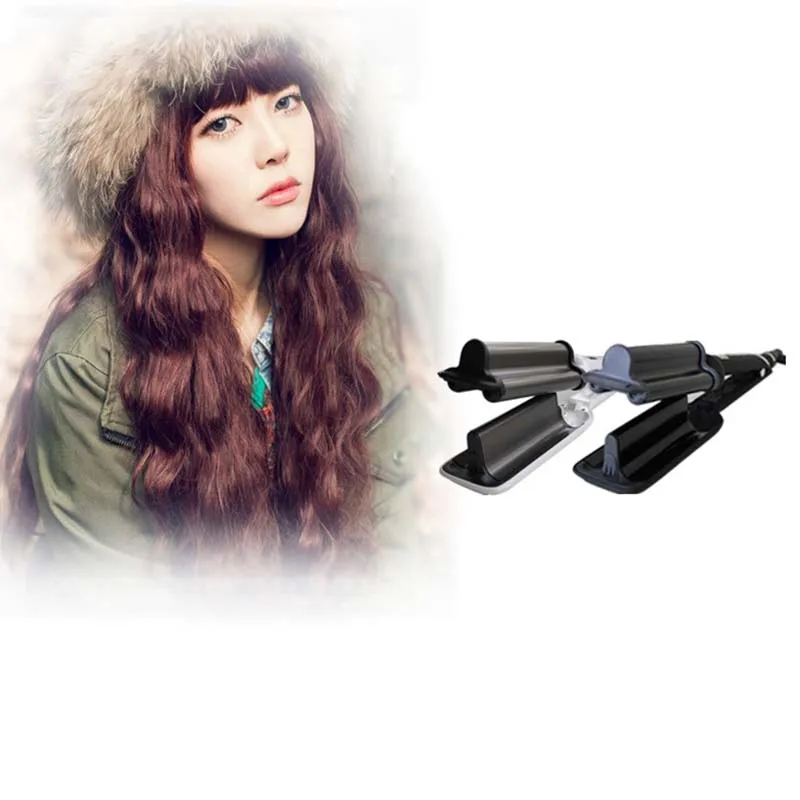 

32Mm Deep Wave Hair Curling Irons Ceramic Triple Barrel Big Wave Curlers Big Corrugated Hair Curler Eu Plug Black