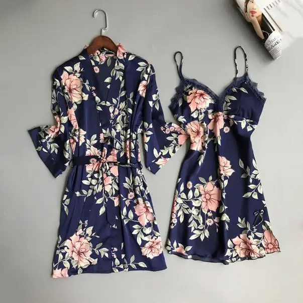 2PCS Robe Set Blue Сексуальное женское атласное Короткое Кимоно, халат, ночная рубашка, халат с цветочным принтом, мягкий халат, Свадебный халат для невесты, халат для подружки невесты - Цвет: 2PCS Robe Set Blue