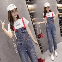 harajuku wind hole denim overalls womens summer wide leg cropped trousers loose and thin womens suspender jumpsuit