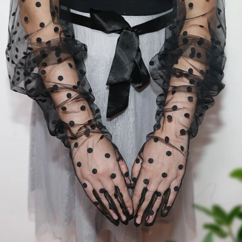 

Tulle Mesh Semi Sheer Long Gloves Big Puff Sleeves Polka Dot Formal Prom Lace Gloves Stretchy Lace Spots Full Finger Mittens