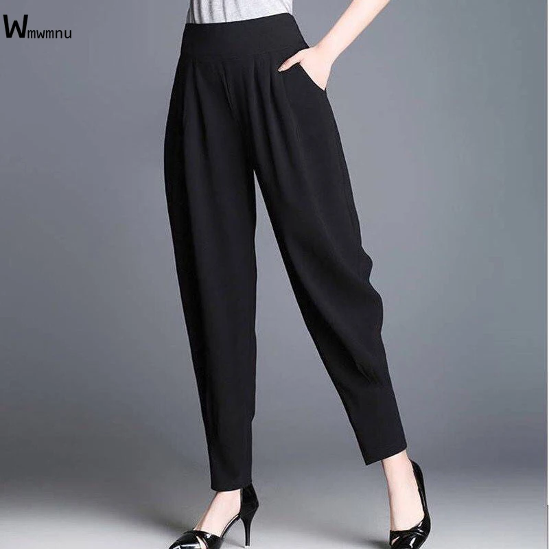 

Casual Spring Trousers Korean Style Plus Size 4XL Black Pants Female 2021 New Loose Solid Elastic High Waist Harem Pants Women