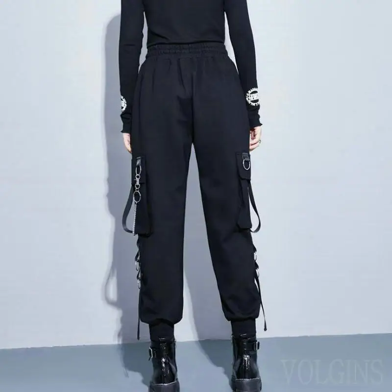 

Streetwear Cargo Pants Women Casual Joggers Black High Waist Loose Female Trousers Korean Style Ribbon Ladies Pants Dropshipping