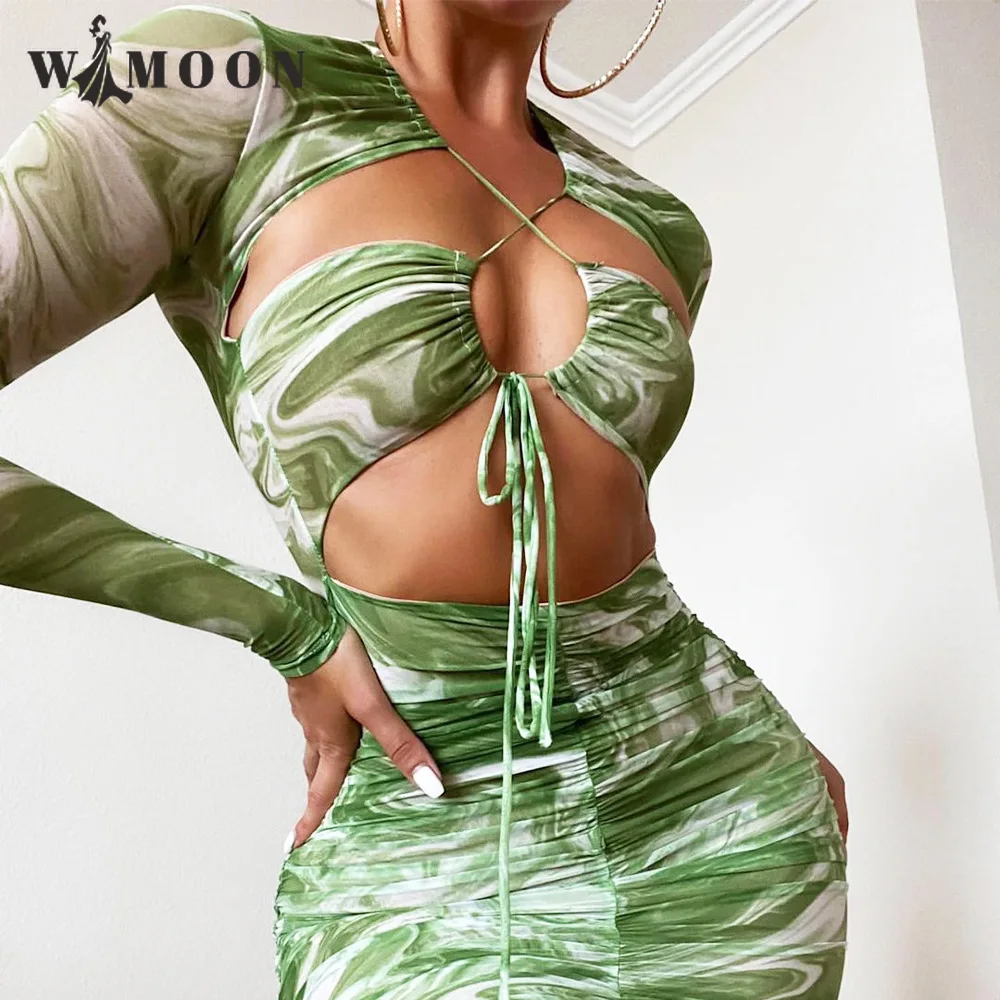 

Autumn Hollow Lace Fold Dress 2021 New Fashion Sexy Long Sleeve Bodycon Tie-dye Mini Party Night Club V-Neck Slim Pencil Dress