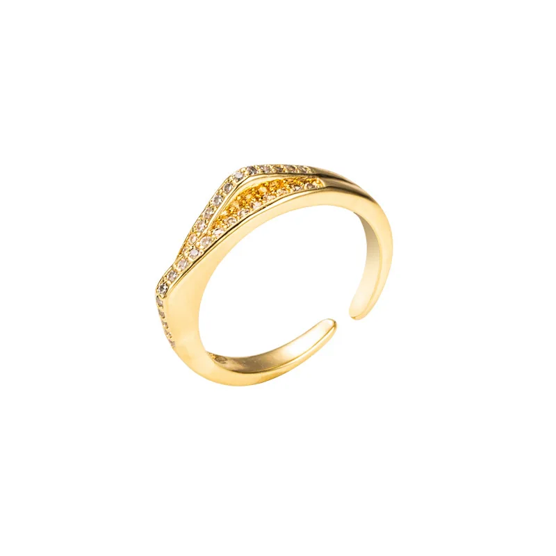 

European and American Popular Geometric Open Ring Copper Plated Gold Color Micro Inlaid Zircon Finger Ring Wholesale