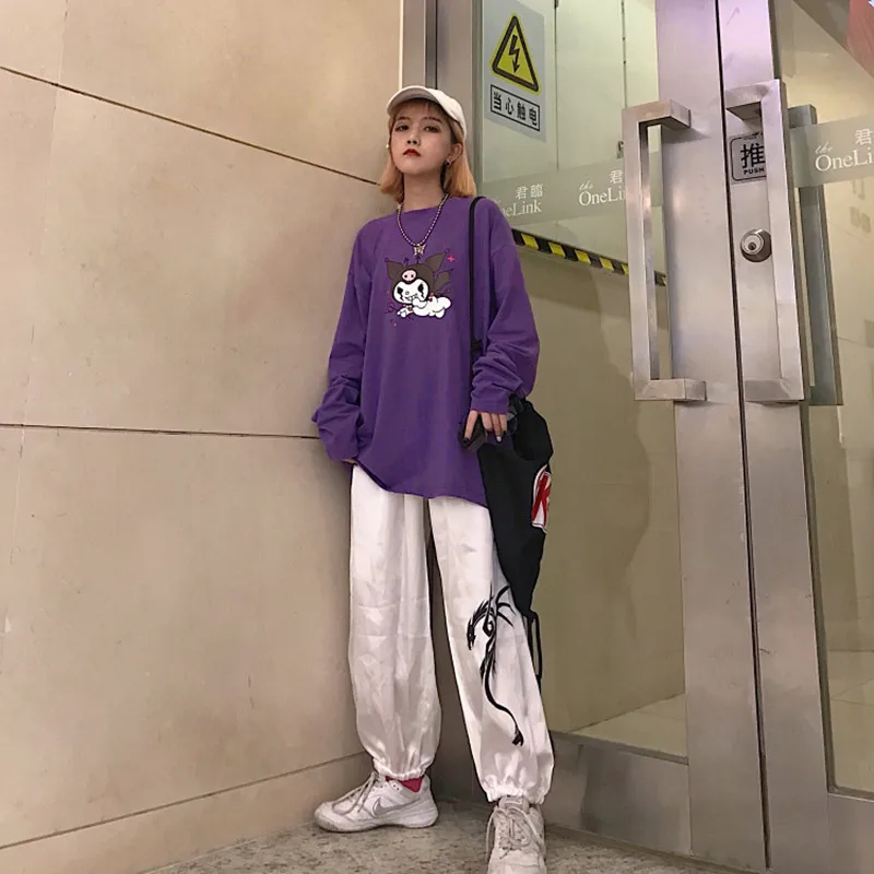 Корейская футболка с круглым вырезом и длинным рукавом, женские Топы Harajuku, уличная одежда, фиолетовая футболка с принтом дьявола, повседневные свободные осенние женские футболки, топы