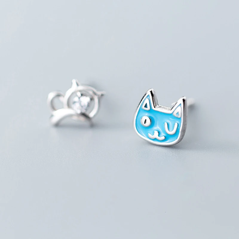 Trustdavis 100% 925 Solid Real Sterling Silver Women Fashion Asymmetric Cute Cat CZ Stud Earrings Daughter Girls Xmas Gift DA76 | Украшения
