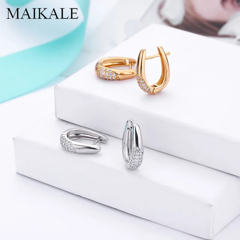 Женские маленькие серьги-подвески MAIKALE, модные U-образные серьги золотистого/серебристого цвета геометрической формы, инкрустированные фианитом, ювелирные изделия в корейском стиле