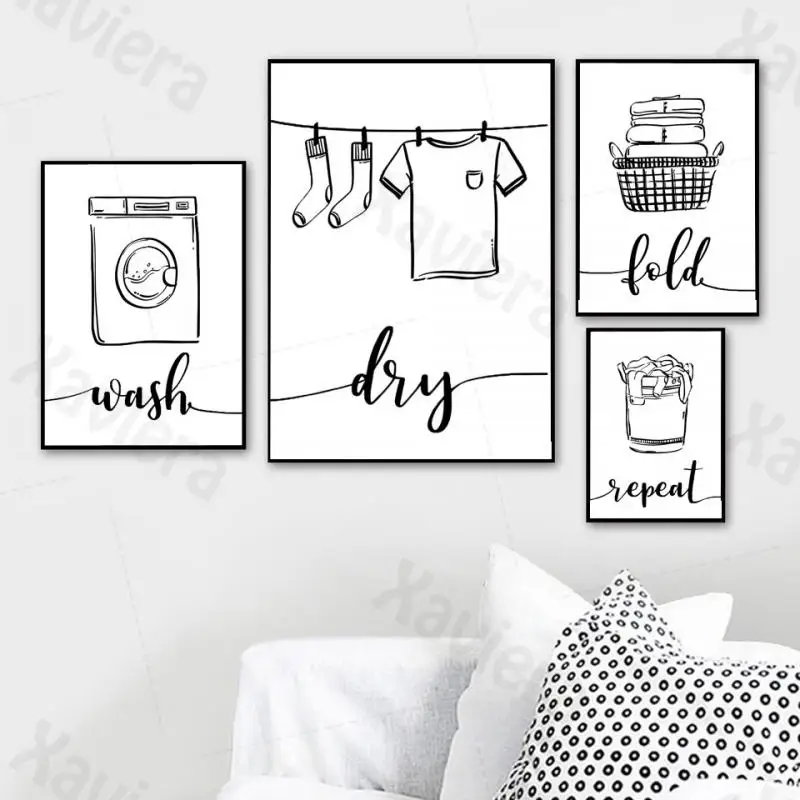 

Black White Wall Art Wash Dry Fold Repeat Quote Laundry Sign Bathroom toilet vanity decoration Canvas Painting Nordic Poster