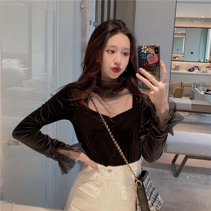 Однотонная кружевная женская шифоновая рубашка с воротником шикарная милая