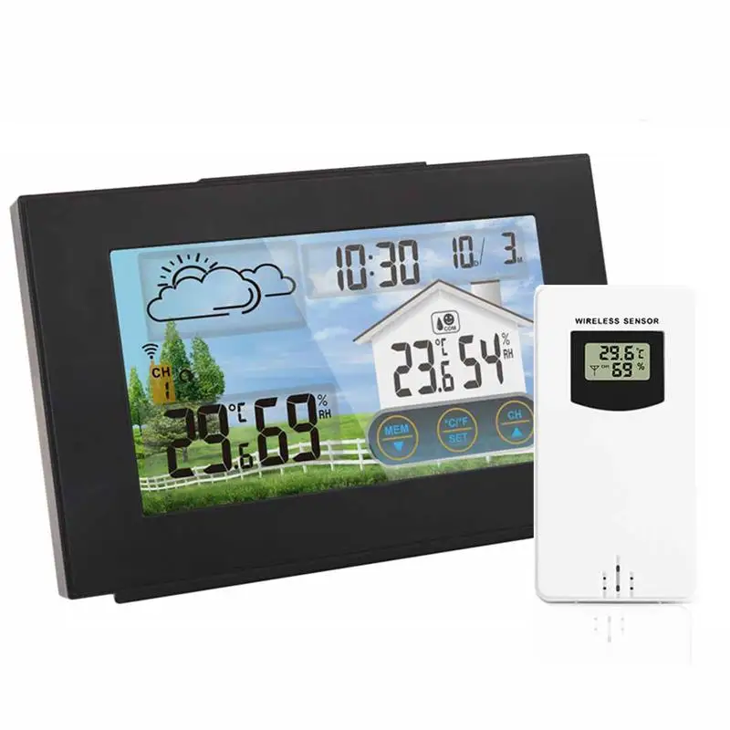 

Метеостанция цифровая с будильником и сенсорным экраном, настольные часы с термометром, гигрометром и дисплеем для прогноза погоды