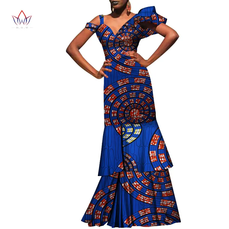 Bintarealwax African Dresses for women Dashiki Elegant Long Dresses for Lady Bazin Riche V-neck African Clothing WY3718