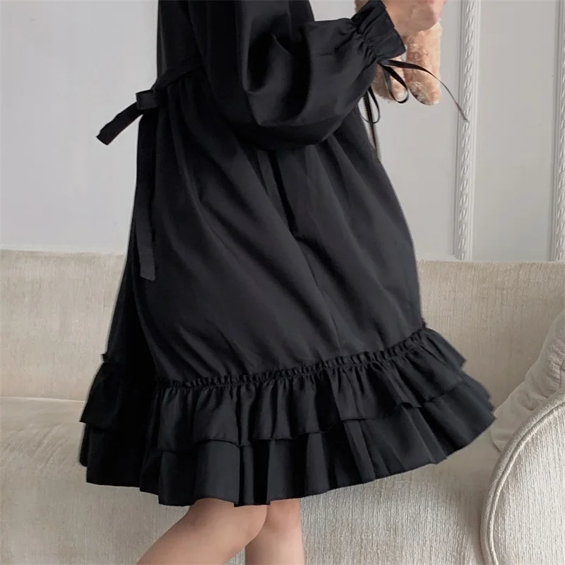 

Sweet Kawaii Cute Bow Girl Chiffon Dress Japanese Harajuku Women Black Ruffles Dress Lantern Sleeve Lolita Style Student's Dress