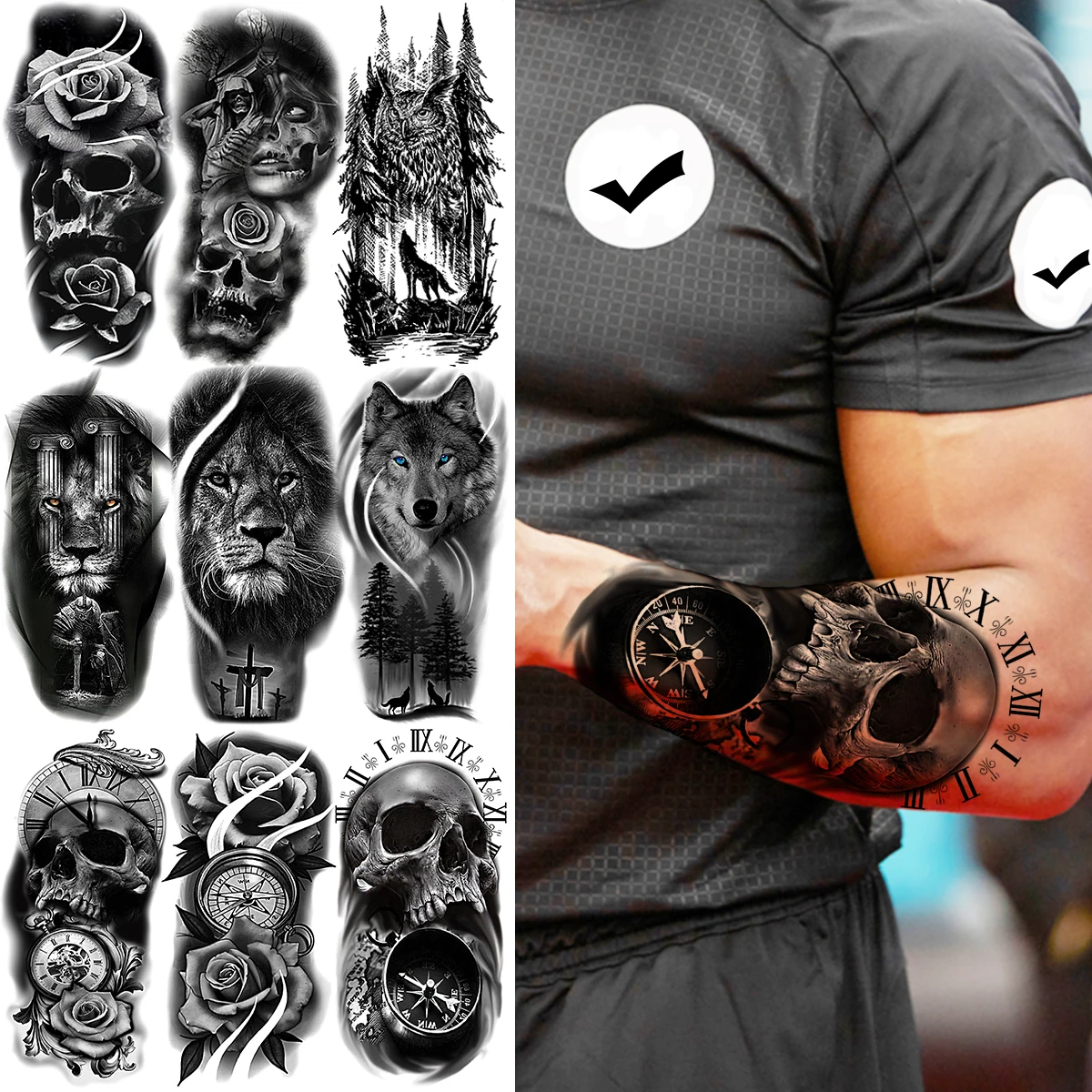 

Big Skeleton Compass Temporary Tattoos Realistic Forest Lion Rose Flower Fake Tattoo Sticker For Men Women Arm Body Tatoos DIY