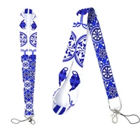 100 pcs chinese blue and white porcelain pattern neck strap lanyard for keys id card badge holder phone straps webbing keycord