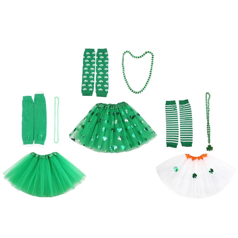 

Saint Patrick Day Costume Accessories Set Women Adult Sequin Shamrock Clover Tulle Tutu Skirt Arm Warmers Necklace Ireland Party