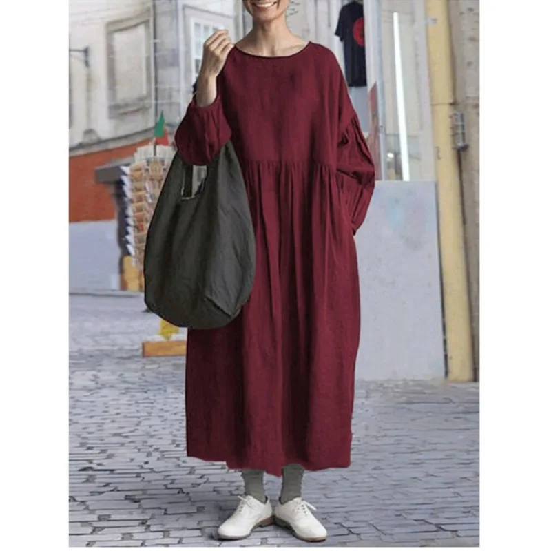 Однотонный женский сарафан винтажное платье-макси с длинным рукавом-фонариком