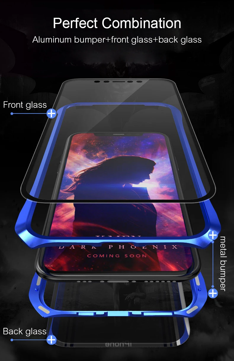 Двухсторонний задний+ передний стеклянный Магнитный чехол для Apple iPhone 11 Pro Max Роскошный Алюминиевый металлический бампер 360 Защитный чехол с петлей