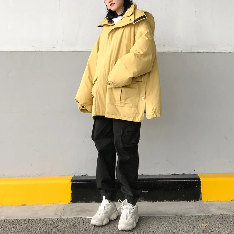 PERHAPS U Women Yellow Royal Blue Cotton Coat Zipper Button Pocket Hooded Collar Loose Jacket C0451