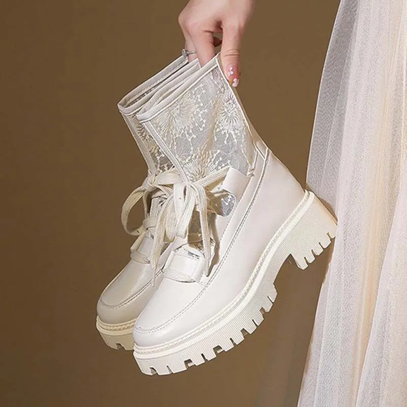 

Женские ботильоны на толстой платформе, ботинки на молнии со шнуровкой и вышивкой, 2021