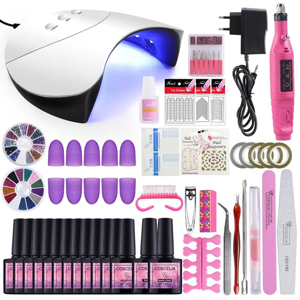Choose 12 color set COSCELIA полный Маникюрный набор Комплект гель-лаков для ногтей 36 Вт УФ светодиодный светильник для лак для нейл-арта электрическая дрель машина резак для маникюра - Цвет: Choose 12 color set