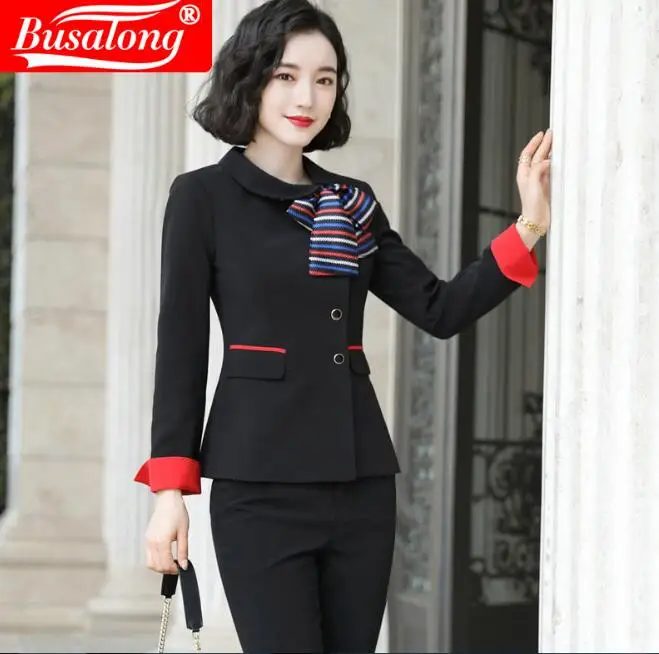 Женский костюм-Униформа с длинным рукавом двубортный топ и брюки | Женская одежда