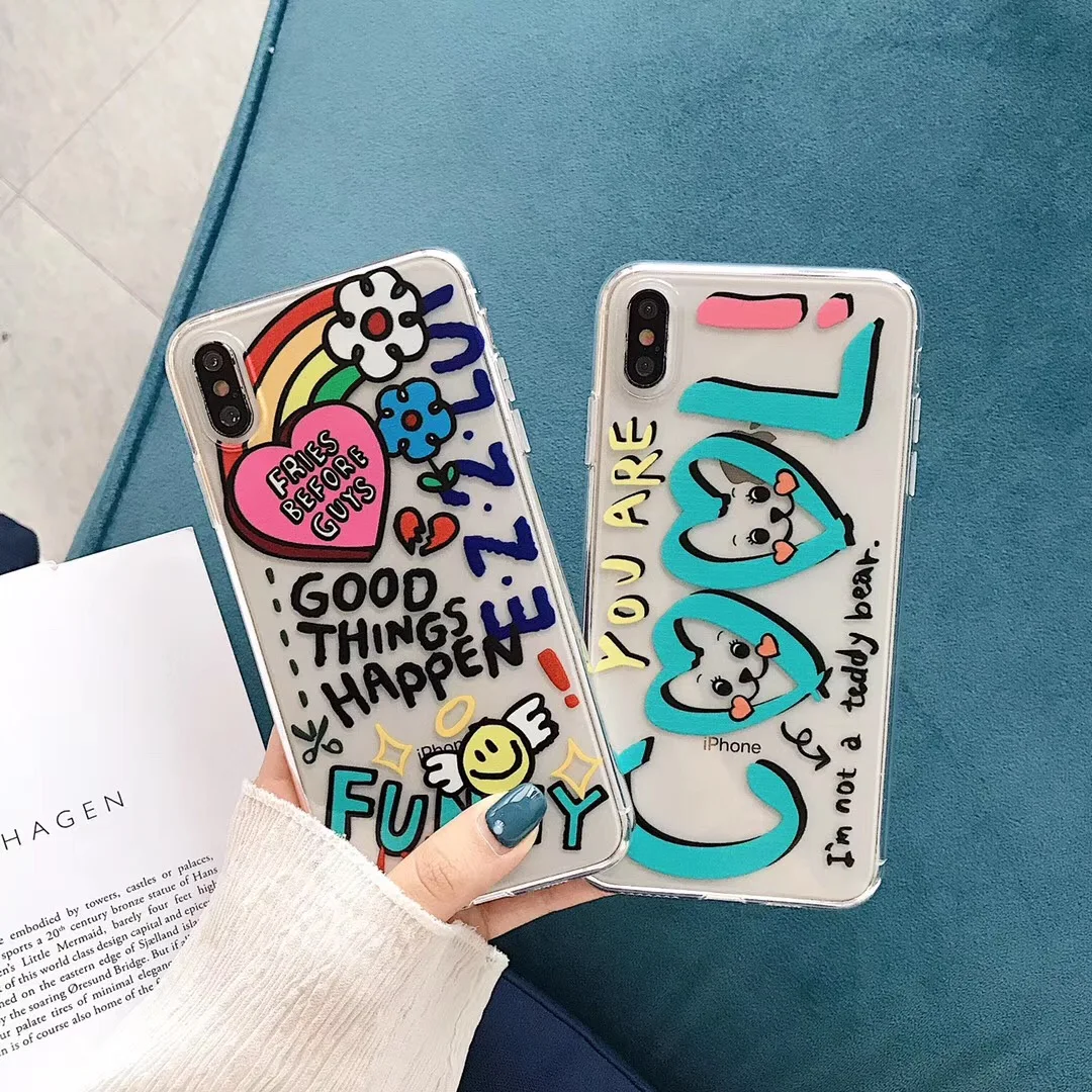 INS graffiti love rainbow flower letters phone case For iphone Xs MAX XR X 6 6s 7 8 plus funny clear soft TPU back Cover Coque |