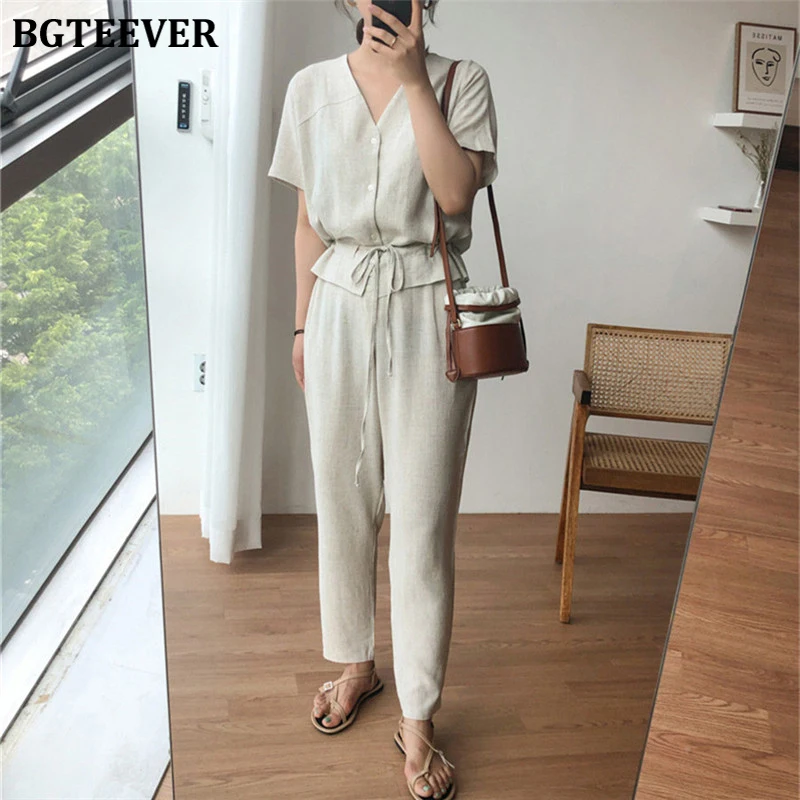 

BGTEEVER Brief V-neck Lace-up Women Rompers Jumpsuit 2020 Summer Short Sleeve Single-breasted Flax Female Playsuit Overall