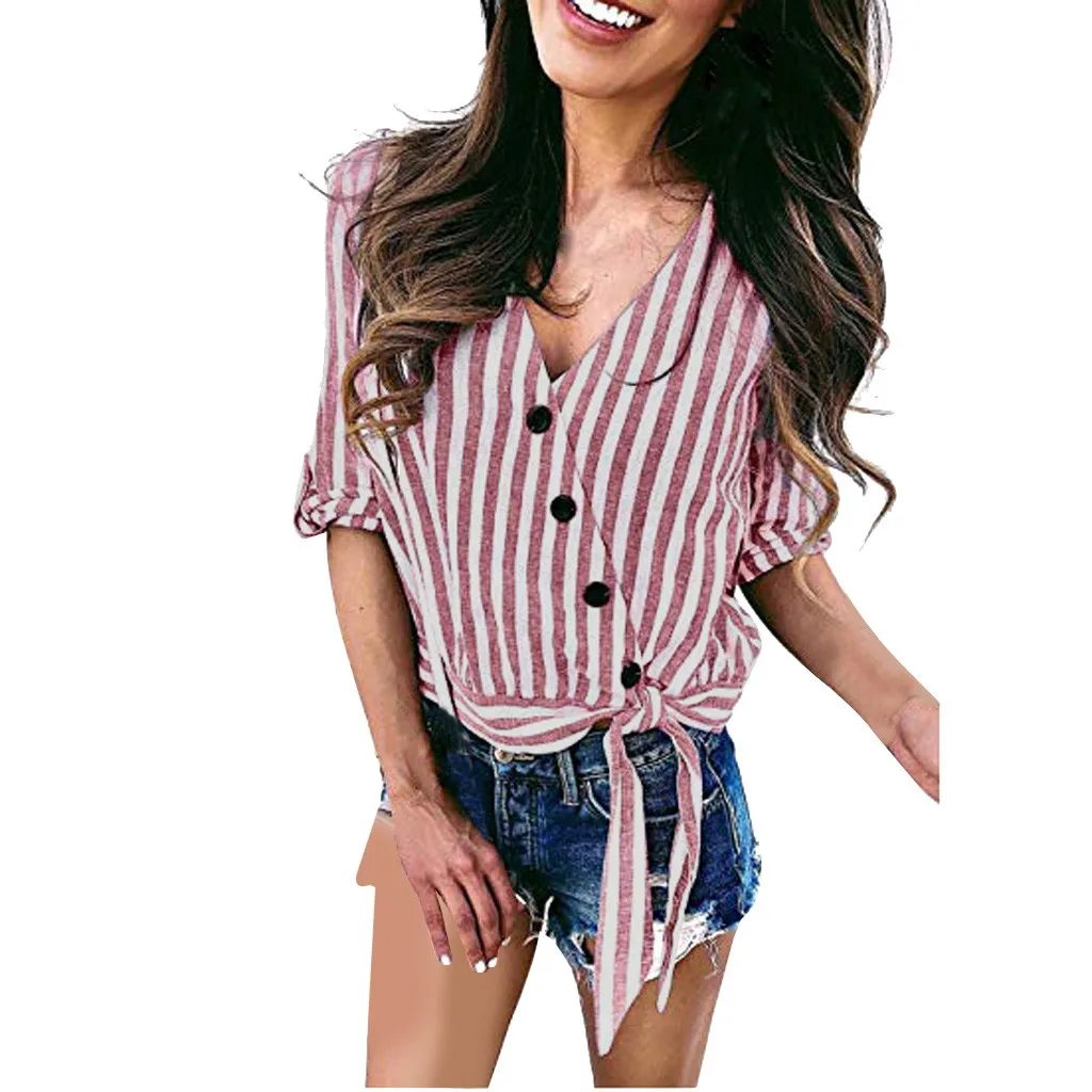 Женская футболка Базовая Классическая полосатая с пуговицами Повседневная