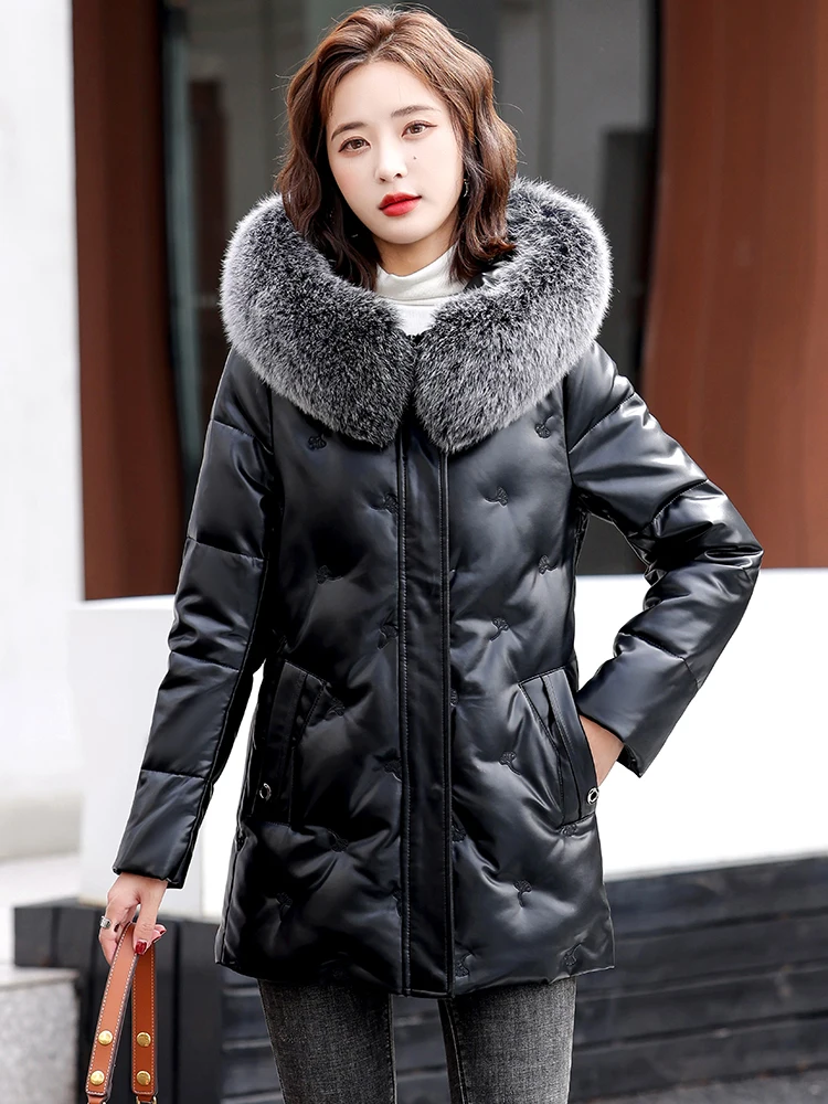 New Women Sheepskin Down Coat Winter 2022 Fashion Fox Fur Collar Medium Long Thick Warm Sheep Leather Down Coat Oversize Coat