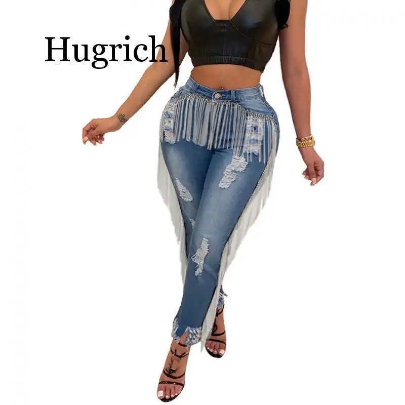 

2020 Fringe High Waist Ripped Jeans for Women Autumn Stretch Skinny Denim Pants Plus Size Elegant Tassel Vintage Blue Jeans