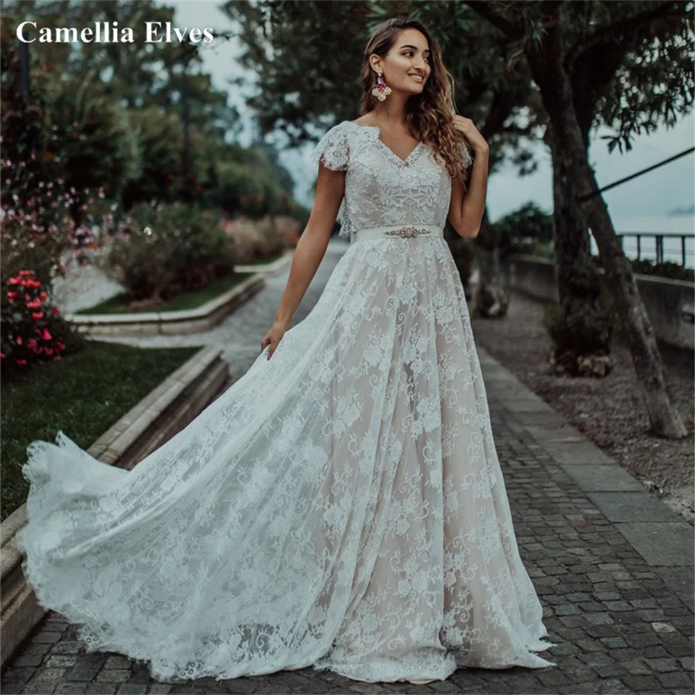 

Bohemia V-neck Lace Wedding Dress 2022 A-line Bridal Gown Short Sleeves Backless Tulle Brides Dress Vestidos De Novia