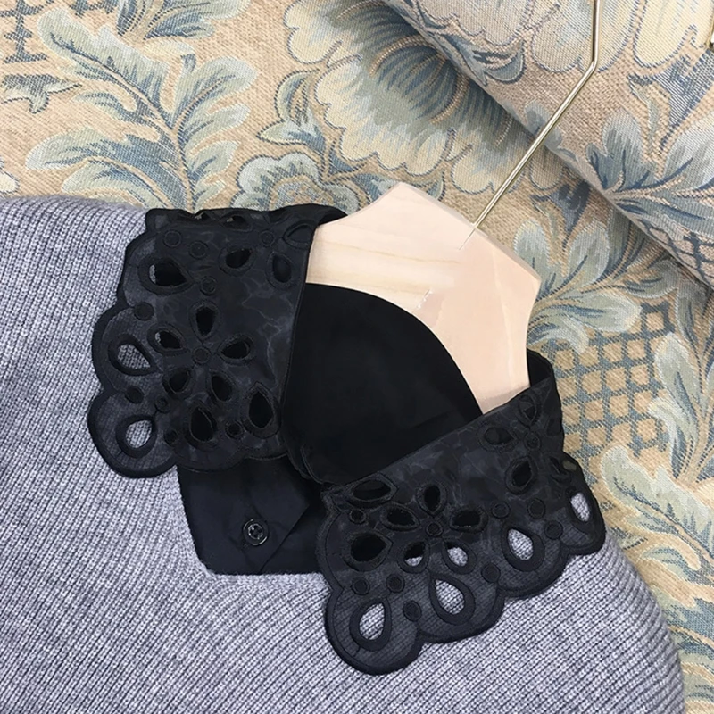 

Ladies Autumn Detachable Half Shirt Blouse Hollow Out Embroidery Floral Lace Sheer Lapel Fake Collar Dickey Accessory