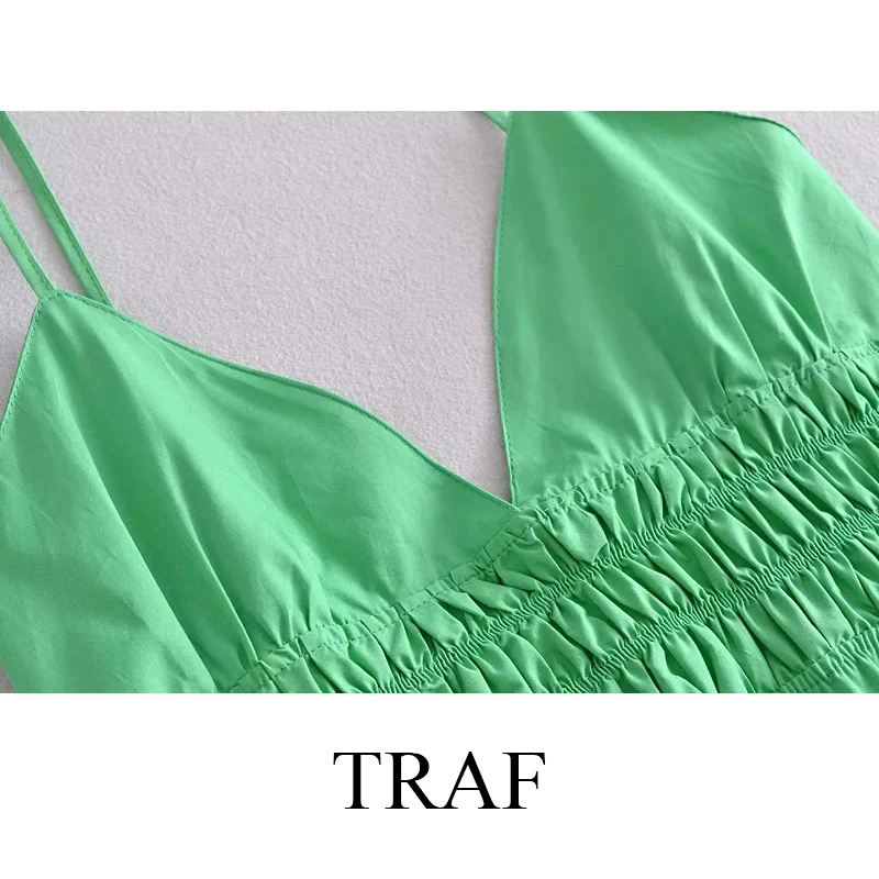 

TRAF ZA Women's Clothing Dresses Chic Solid Color Backless Spaghetti Strap Mid-Calf Dress Sexy Elastic Waist Elegant Sundress