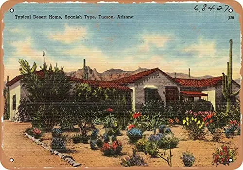 

Металлический знак-открытка Аризона-типичный дом пустыни, испанский тип, Tucson, Аризона-винтажный ржавый внешний вид Настенный декор для кафе...