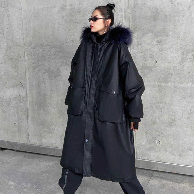 

Women Pu Leather Jacket Faux Fur Collar Oversize Maxi Windbreak Long Padded Coat Luxury Big Pocket Trench Top Thick Winter Black