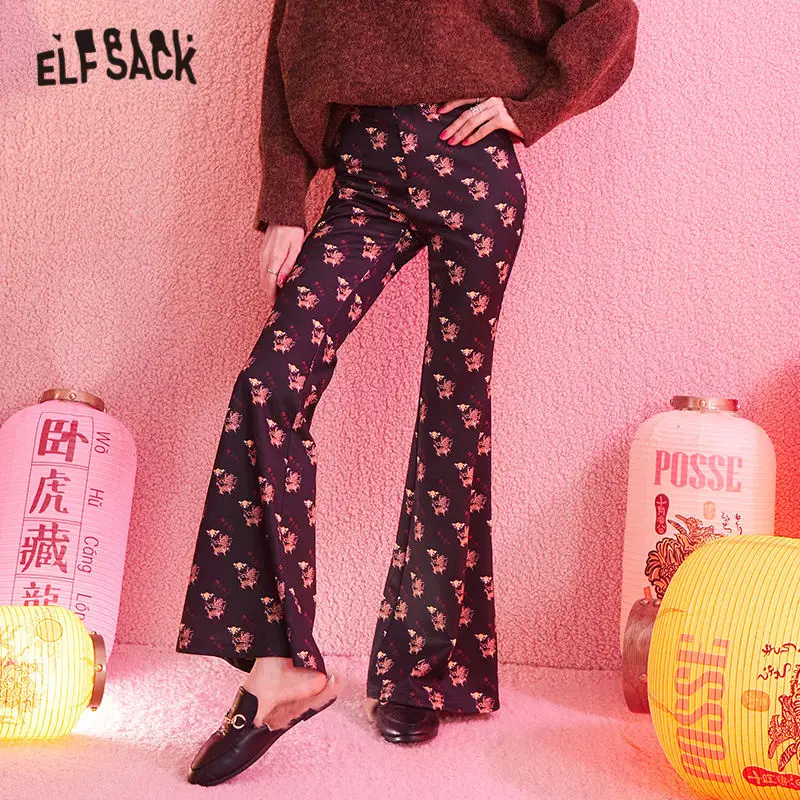 Женские широкие расклешенные брюки ELFSACK черные винтажные офисные в китайском