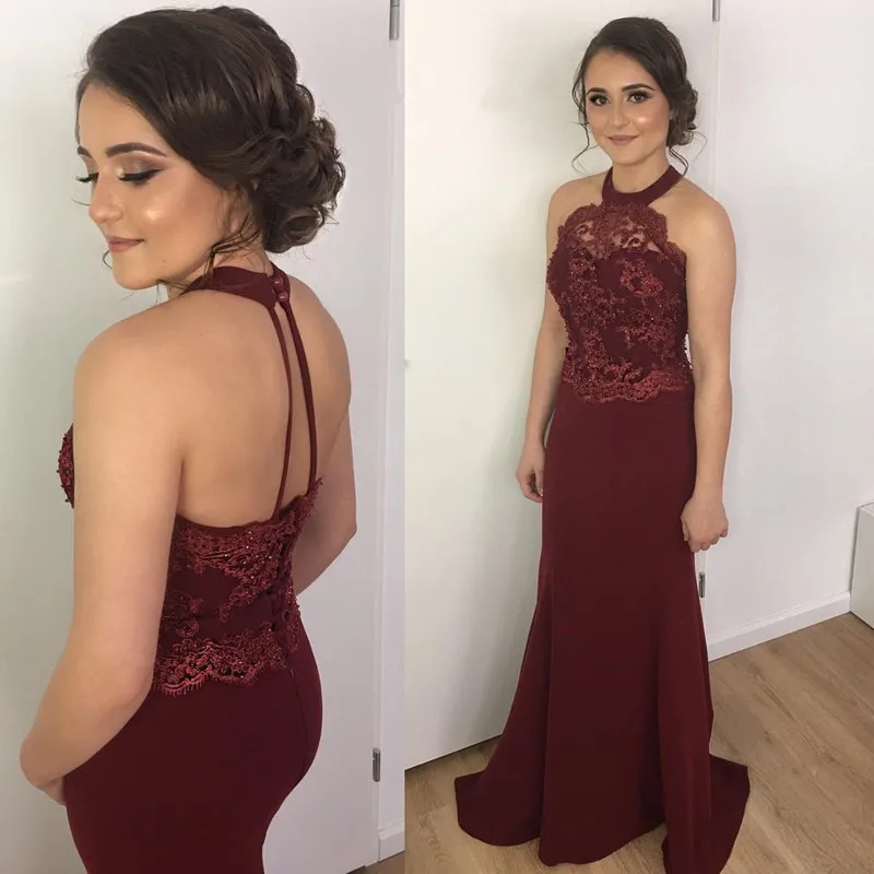 

Burgundy Bridesmaid Dresses Plus Size Halter Mermaid Sheer Neck Lace Maid Of Honor Dress Sexy Backless Satin Long Party Gowns