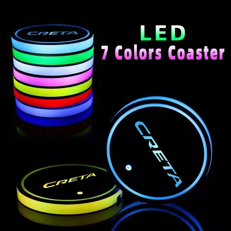 

7 Colorful USB Car Logo Led Atmosphere Light Cup Luminous Coaster Holder For Hyundai Creta 2009 2011 2006 2008 Auto Accessories